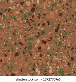 Patterned mosaics stone floors and terrazzo tiles. Different colored chips from stone, glass, marble and granite. Kitchen and bathtubs surfaces print. Seamless pattern in brown colour.