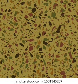Patterned mosaics stone floors and terrazzo tiles. Different colored chips from stone, glass, marble and granite. Kitchen and bathtubs surfaces print. Seamless pattern in brown colour.