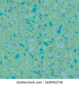 Patterned mosaics stone floors and terrazzo tiles. Different colored chips from stone, glass, marble and granite. Kitchen and bathtubs surfaces print. Seamless pattern in cyan colour.