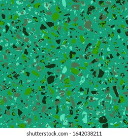 Patterned mosaics stone floors and terrazzo tiles. Different colored chips from stone, glass, marble and granite. Kitchen and bathtubs surfaces print. Seamless pattern in cyan colour.