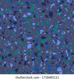 Patterned mosaics stone floors and terrazzo tiles. Different colored chips from stone, glass, marble and granite. Kitchen and bathtubs surfaces print. Seamless pattern in blue colour.