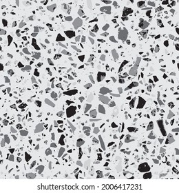 Patterned mosaics stone floors and terrazzo tiles. Different colored chips from stone, glass, marble and granite. Kitchen and bathtubs surfaces print. Seamless pattern in grey colour.