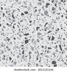 Baldosas de terrazo y suelos de piedra con mosaicos estampados. Diferentes chips de color de piedra, vidrio, mármol y granito. La cocina y las bañeras se imprimen. Patrón sin brillo en color gris.