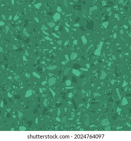 Patterned mosaics stone floors and terrazzo tiles. Different colored chips from stone, glass, marble and granite. Kitchen and bathtubs surfaces print. Seamless pattern in green colour.