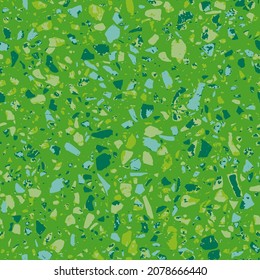 Patterned mosaics stone floors and terrazzo tiles. Different colored chips from stone, glass, marble and granite. Kitchen and bathtubs surfaces print. Seamless pattern in green colour.