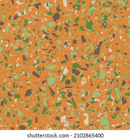 Patterned mosaics stone floors and terrazzo tiles. Different colored chips from stone, glass, marble and granite. Kitchen and bathtubs surfaces print. Seamless pattern in orange colors.