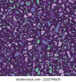 Patterned mosaics stone floors and terrazzo tiles. Different colored chips from stone, glass, marble and granite. Kitchen and bathtubs surfaces print. Seamless pattern in purple colors.