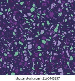Patterned mosaics stone floors and terrazzo tiles. Different colored chips from stone, glass, marble and granite. Kitchen and bathtubs surfaces print. Seamless pattern in purple colors.