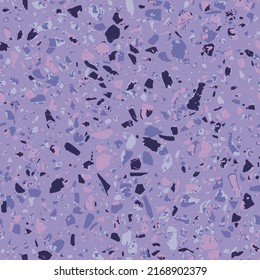 Patterned mosaics stone floors and terrazzo tiles. Different colored chips from stone, glass, marble and granite. Kitchen and bathtubs surfaces print. Seamless pattern in purple colors.