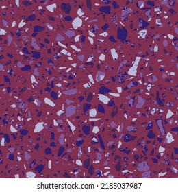Patterned mosaics stone floors and terrazzo tiles. Different colored chips from stone, glass, marble and granite. Kitchen and bathtubs surfaces print. Seamless pattern in purple colors.