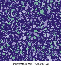 Patterned mosaics stone floors and terrazzo tiles. Different colored chips from stone, glass, marble and granite. Kitchen and bathtubs surfaces print. Seamless pattern in purple colors.