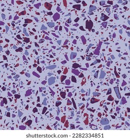 Patterned mosaics stone floors and terrazzo tiles. Different colored chips from stone, glass, marble and granite. Kitchen and bathtubs surfaces print. Seamless pattern in purple colors.