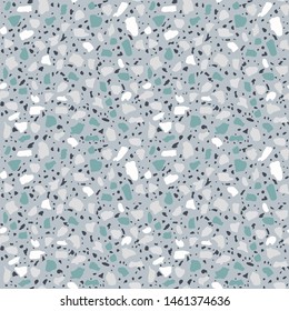 Patterned mosaics stone and terrazzo tiles. Different colored chips  from recycled glass, stone, marble, quartz and granite. Outdoor surface furniture. vintage seamless pattern  in blue colour.