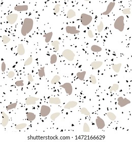 Patterned mosaics stone and terrazzo tiles. Different colored chips  from stone, marble and granite. Outdoor surface furniture. vintage seamless pattern  in beige color on white background.