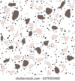 Patterned mosaics stone and terrazzo tiles. Different colored chips  from stone, marble and granite. Outdoor surface furniture. vintage seamless pattern  in beige color on white background.