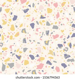 Patterned mosaics stone and terrazzo tiles. Different colored chips  from recycled glass, stone, marble, quartz and granite. Outdoor surface furniture. vintage seamless pattern  in pastel color.