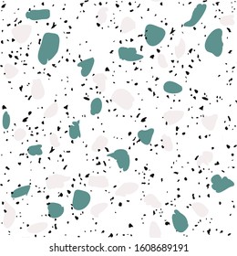 Patterned mosaics stone and terrazzo tiles. Different colored chips  from stone, marble and granite. Outdoor surface furniture. vintage seamless pattern  in blue colour on white background.