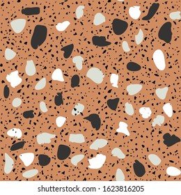 Patterned mosaics stone and terrazzo tiles. Different colored chips  from recycled glass, stone, marble, quartz and granite. Outdoor surface furniture. vintage seamless pattern  in brown color.