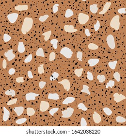 Patterned mosaics stone and terrazzo tiles. Different colored chips  from recycled glass, stone, marble, quartz and granite. Outdoor surface furniture. vintage seamless pattern  in brown color.