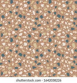 Patterned mosaics stone and terrazzo tiles. Different colored chips  from recycled glass, stone, marble, quartz and granite. Outdoor surface furniture. vintage seamless pattern  in brown color.