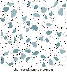 Patterned mosaics stone and terrazzo tiles. Different colored chips  from stone, marble and granite. Outdoor surface furniture. vintage seamless pattern  in blue colour on white background.