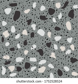 Patterned mosaics stone and terrazzo tiles. Different colored chips  from recycled glass, stone, marble, quartz and granite. Outdoor surface furniture. vintage seamless pattern  in gray colour.
