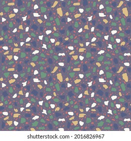 Baldosas de mosaico con motivos de piedra y terrazo. Diferentes chips de colores a partir de vidrio reciclado, piedra, mármol, cuarzo y granito. Mobiliario exterior. patrón inmaculado en color oscuro.