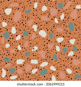 Patterned mosaics stone and terrazzo tiles. Different colored chips  from recycled glass, stone, marble, quartz and granite. Outdoor surface furniture. vintage seamless pattern  in orange color.
