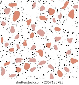 Patterned mosaics stone and terrazzo tiles. Different colored chips  from stone, marble and granite. Geometric seamless pattern. Modern vector illustration in coral colour on white background.