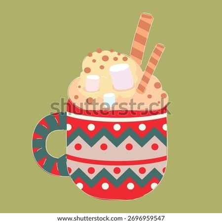 patterned mug filled with cocoa and marshmallows, two wafer sticks and sprinkling cinnamon dust