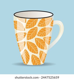 Patterned mug on blue background. White cup with yellow leaves pattern.  Coffee, tea, drinks. Web design, print, textile, packaging, vector illustration
