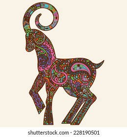 Patterned multicolored goat isolated on white. Vector illustration