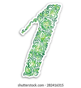 Patterned number one on a white background. Ornamental composition in the shape of a number 1