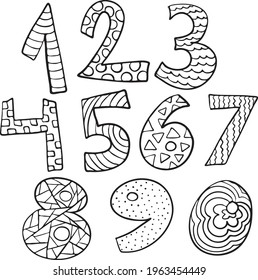 Patterned numbers from 0 to 9, black and white, perfect for kids, coloring books