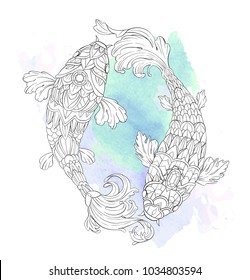 Patterned  on watercolor and floral background. African, indian, totem, tattoo design. It may be used for design of a t-shirt, bag, postcard, a poster and so on.  