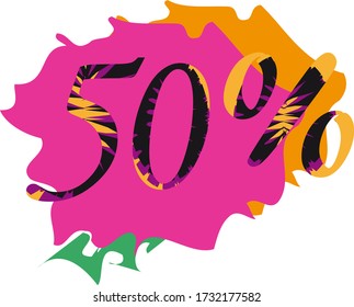 Patterned orange, black, purple number 50, percent, Logo Design, template. Paint splashes