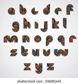 Fuente abstracta ornamental con estampado, letras minúsculas. 