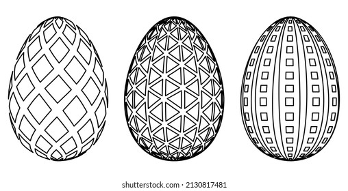 Patterned ornate eggs. Black and white eggs vector illustration isolated on white background. 3D rendering, outline, line art illustrations.