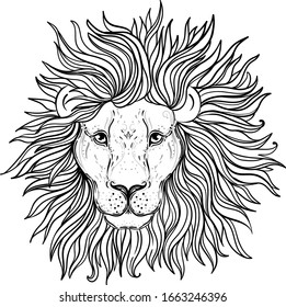 Patterned ornate lion head. African, Indian, totem, tattoo, sticker  design. Design of t-shirt, bag, postcard and posters. Vector isolated illustration in black and white colors. Zodiac sign Leo.