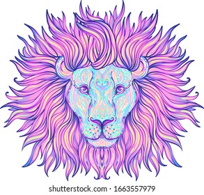 Patterned ornate lion head. African, Indian, totem, tattoo, sticker  design. Design of t-shirt, bag, postcard and posters. Vector isolated illustration in bright neon colors. Zodiac sign Leo.