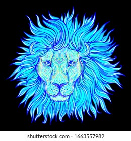 Patterned ornate lion head. African, Indian, totem, tattoo, sticker  design. Design of t-shirt, bag, postcard and posters. Vector isolated illustration in bright neon colors. Zodiac sign Leo.