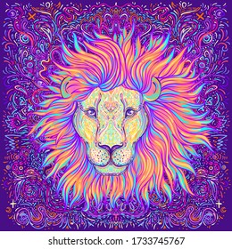 Patterned ornate lion head. African, Indian, totem, tattoo, sticker  design. Design of t-shirt, bag, postcard and posters. Vector isolated illustration in bright neon colors. Zodiac sign Leo.