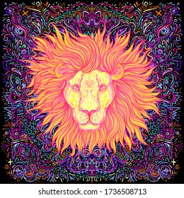 Patterned ornate lion head. African, Indian, totem, tattoo, sticker  design. Design of t-shirt, bag, postcard and posters. Vector isolated illustration in bright neon colors. Zodiac sign Leo.