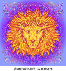 Patterned ornate lion head. African, Indian, totem, tattoo, sticker  design. Design of t-shirt, bag, postcard and posters. Vector isolated illustration in bright neon colors. Zodiac sign Leo.