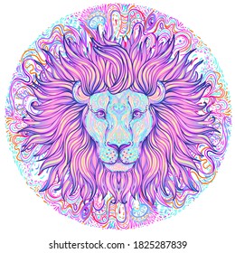 Patterned ornate lion head. African, Indian, totem, tattoo, sticker  design. Design of t-shirt, bag, postcard and posters. Vector isolated illustration in bright neon colors. Zodiac sign Leo.