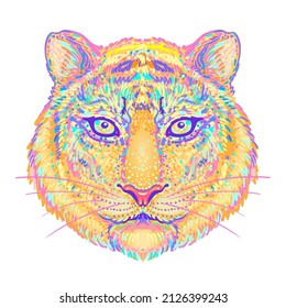 Cabeza de tigre ornamentada con estampado. Africano, indio, tótem, tatuaje, diseño de pegatinas. Diseño de camisetas, bolsos, postales y carteles. Ilustración aislada de vectores en colores de neón brillantes. 