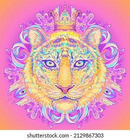 Patterned ornate tiger head. African, Indian, totem, tattoo, sticker  design. Design of t-shirt, bag, postcard and posters. Vector isolated illustration in bright neon colors. 