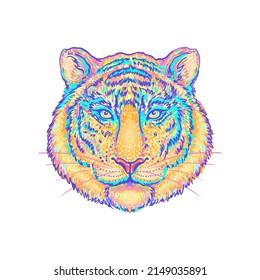 Patterned ornate tiger head. African, Indian, totem, tattoo, sticker  design. Design of t-shirt, bag, postcard and posters. Vector isolated illustration in bright neon colors.  Symbol of new year.