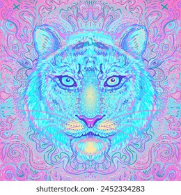 Gemusterter, kunstvoller Tigerkopf. Afrikanisch, Indisch, Totem, Tattoo, Aufkleber Design. Design von T-Shirt, Tasche, Postkarte und Poster. Vektorgrafik isolierte Illustration in leuchtenden Neonfarben. 