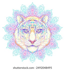 Gemusterter, kunstvoller Tigerkopf. Afrikanisch, Indisch, Totem, Tattoo, Aufkleber Design. Design von T-Shirt, Tasche, Postkarte und Poster. Vektorgrafik isolierte Illustration in leuchtenden Neonfarben. 